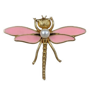 Vtg 1960s Gold Tone Faux Pearl Pink Enamel Dragonfly Pin Brooch